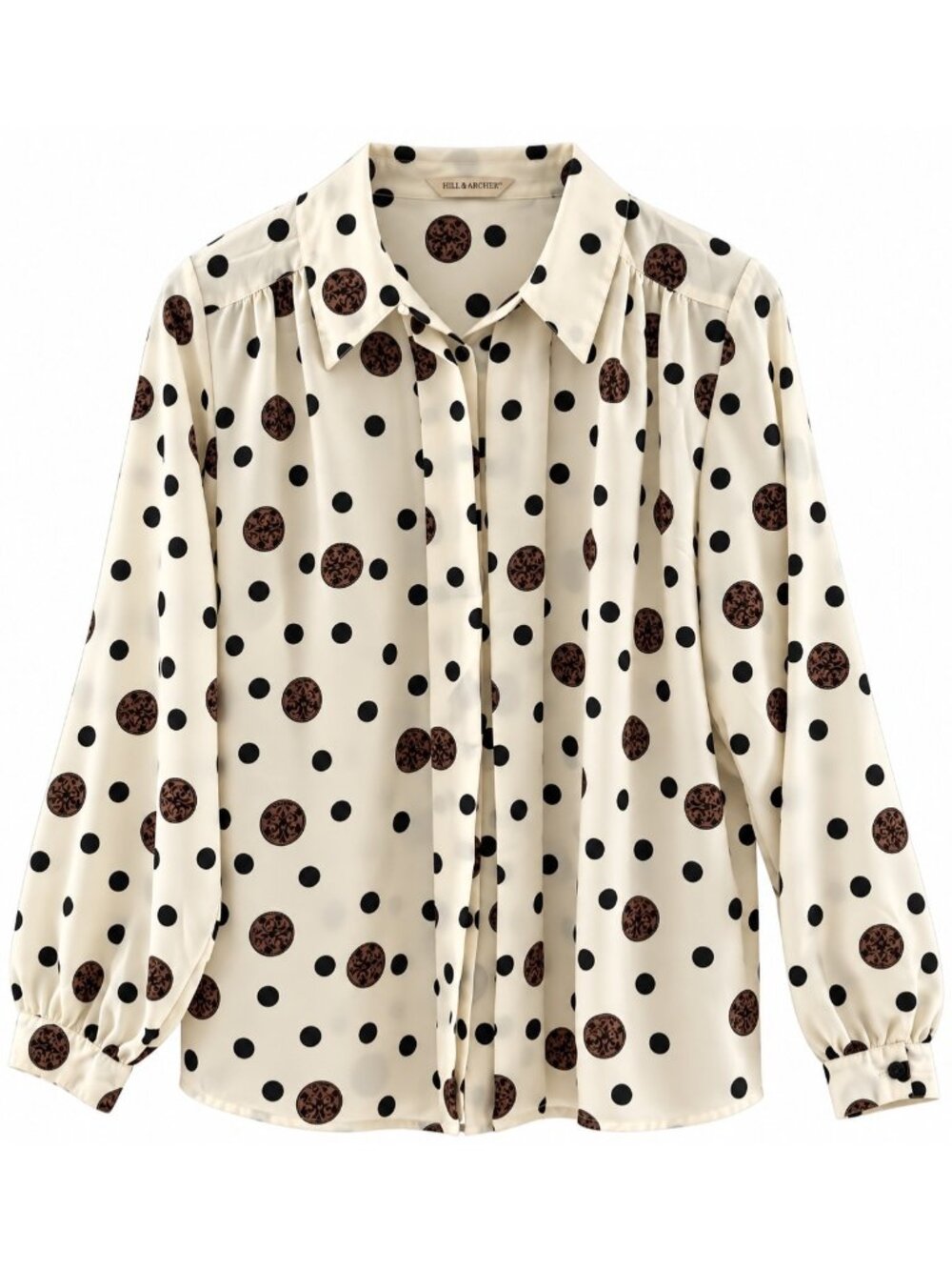 Polka Dot Cream & Brown Button-Up Blouse By Hill & Archer - Long Sleeves - Women